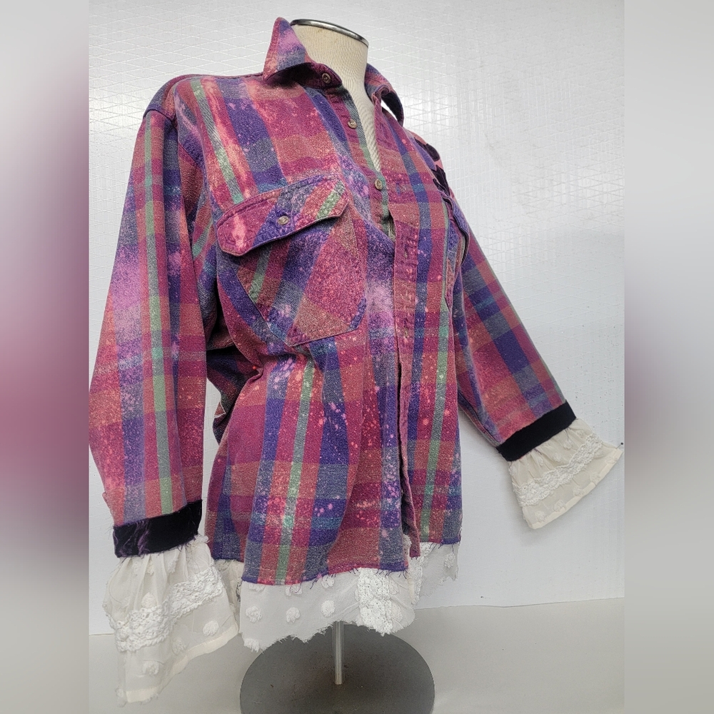 Upcycled Vintage Heart Rock Band Flannel Shirt Shacket  With Velvet & Lace - Picture 8 of 13
